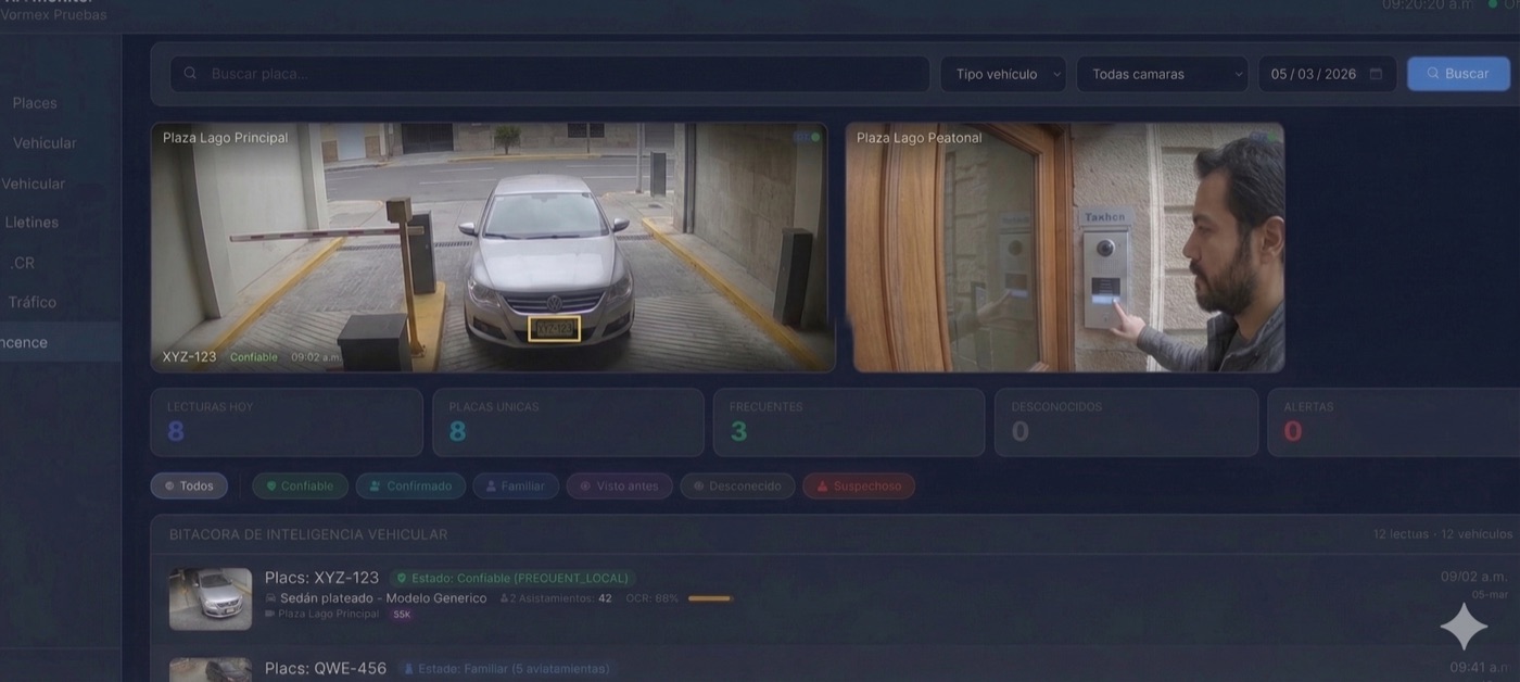 Dashboard AURA: bitácora vehicular en tiempo real con cámaras, lectura de placas y clasificación automática